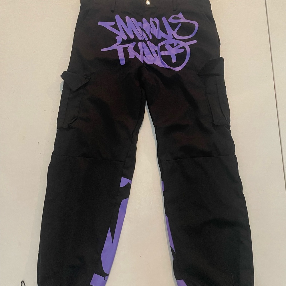 Black Pants with Purple Graphic Design